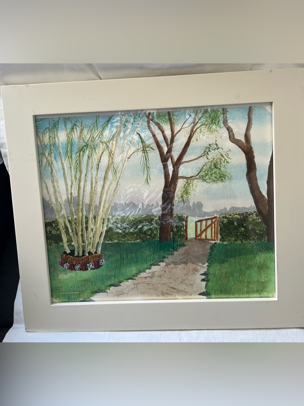 Pottery Barn Watercolor Painting by Brian O. Framed Garden Landscape 15" x 13"